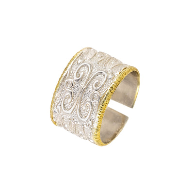 RING SILVER 925° WITH EMBOSSED DESIGNS AND GOLD-PLATED DETAILS
