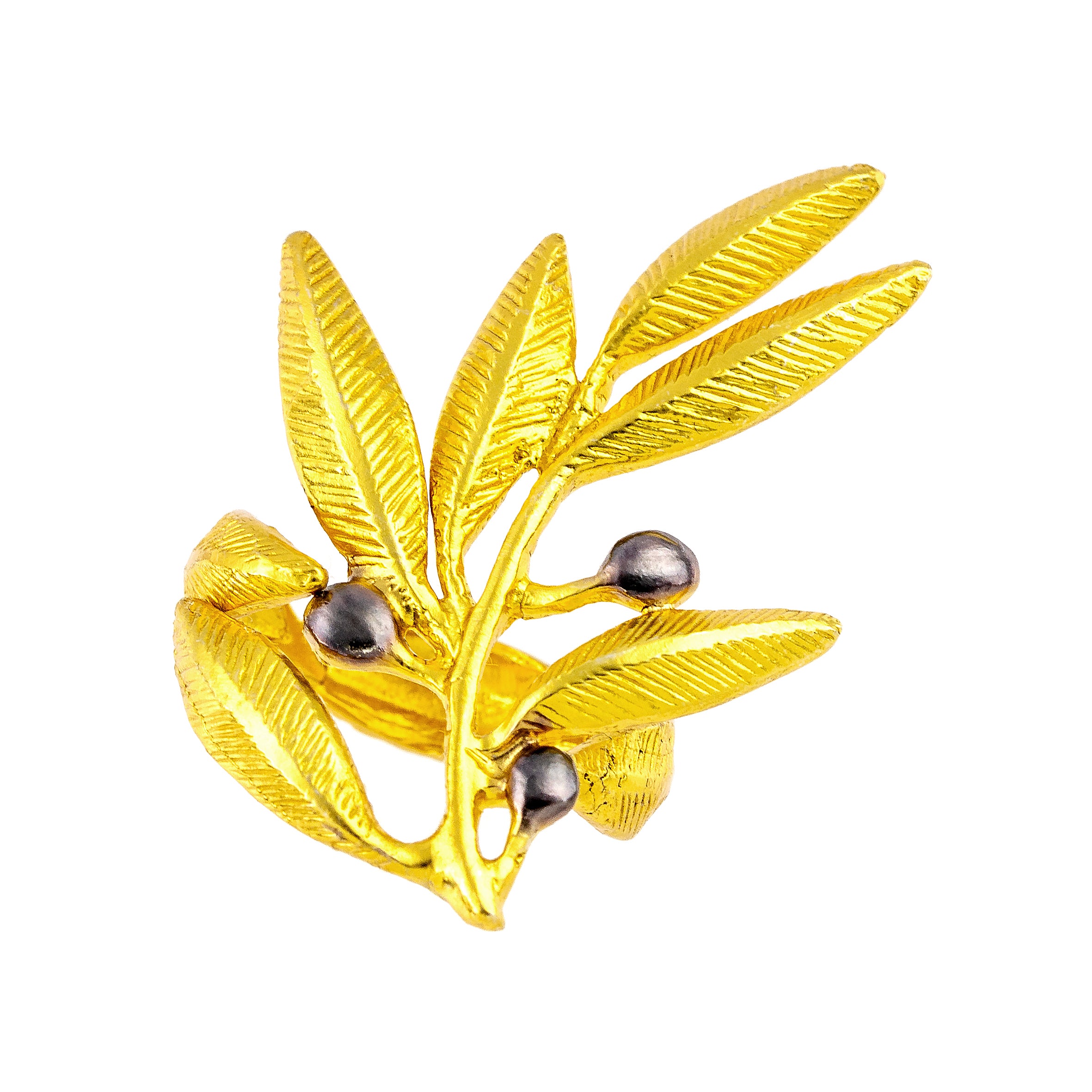 925° SILVER GOLD PLATED RING OLIVE DESIGN WITH BLACK PLATINUM DETAILS