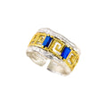 RING SILVER 925° GRECA DESIGN WITH BLUE ZIRCON AND GOLD-PLATED DETAILS