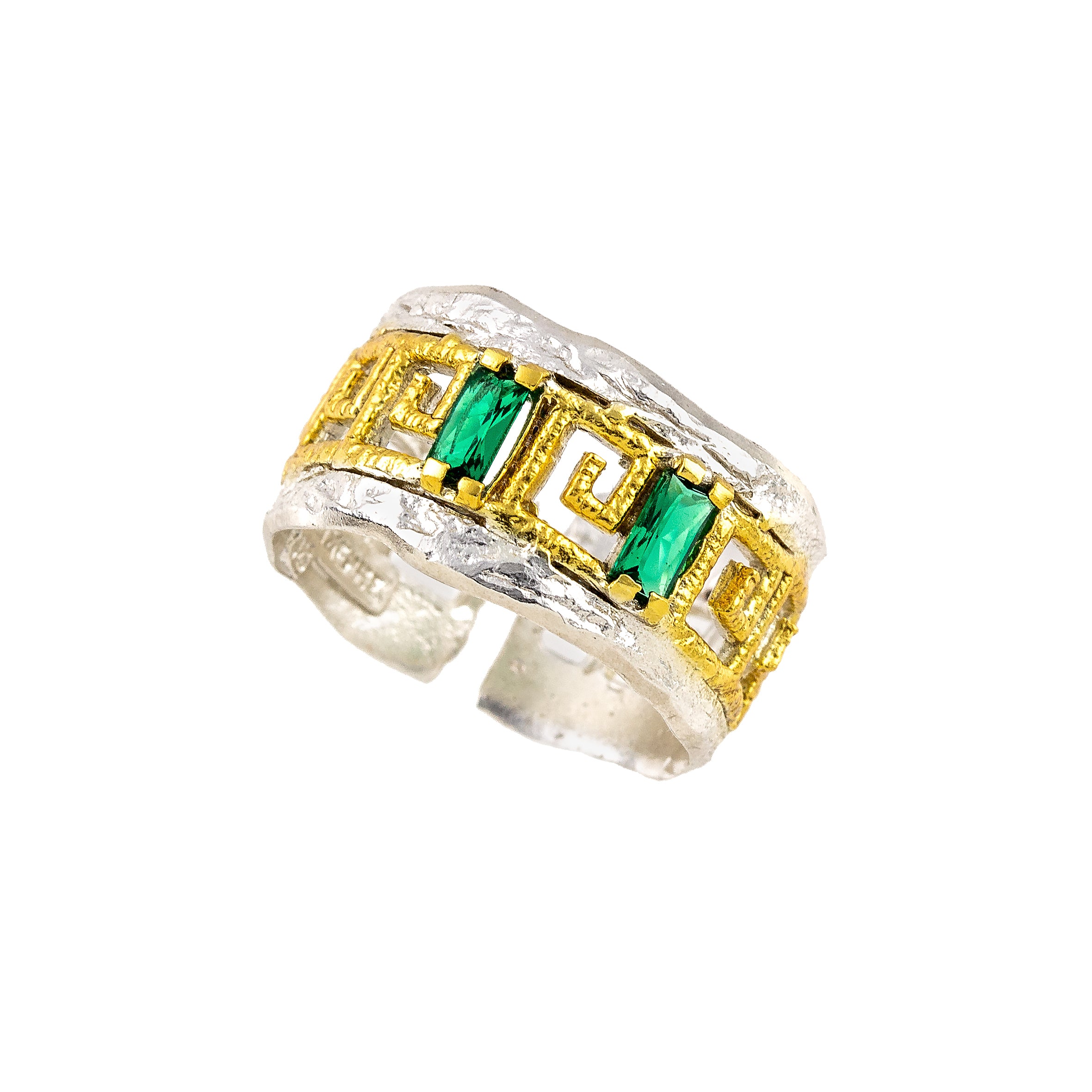 925° SILVER RING WITH GREEK KEY DESIGN, GREEN ZIRCON, AND GOLD-PLATED DETAILS