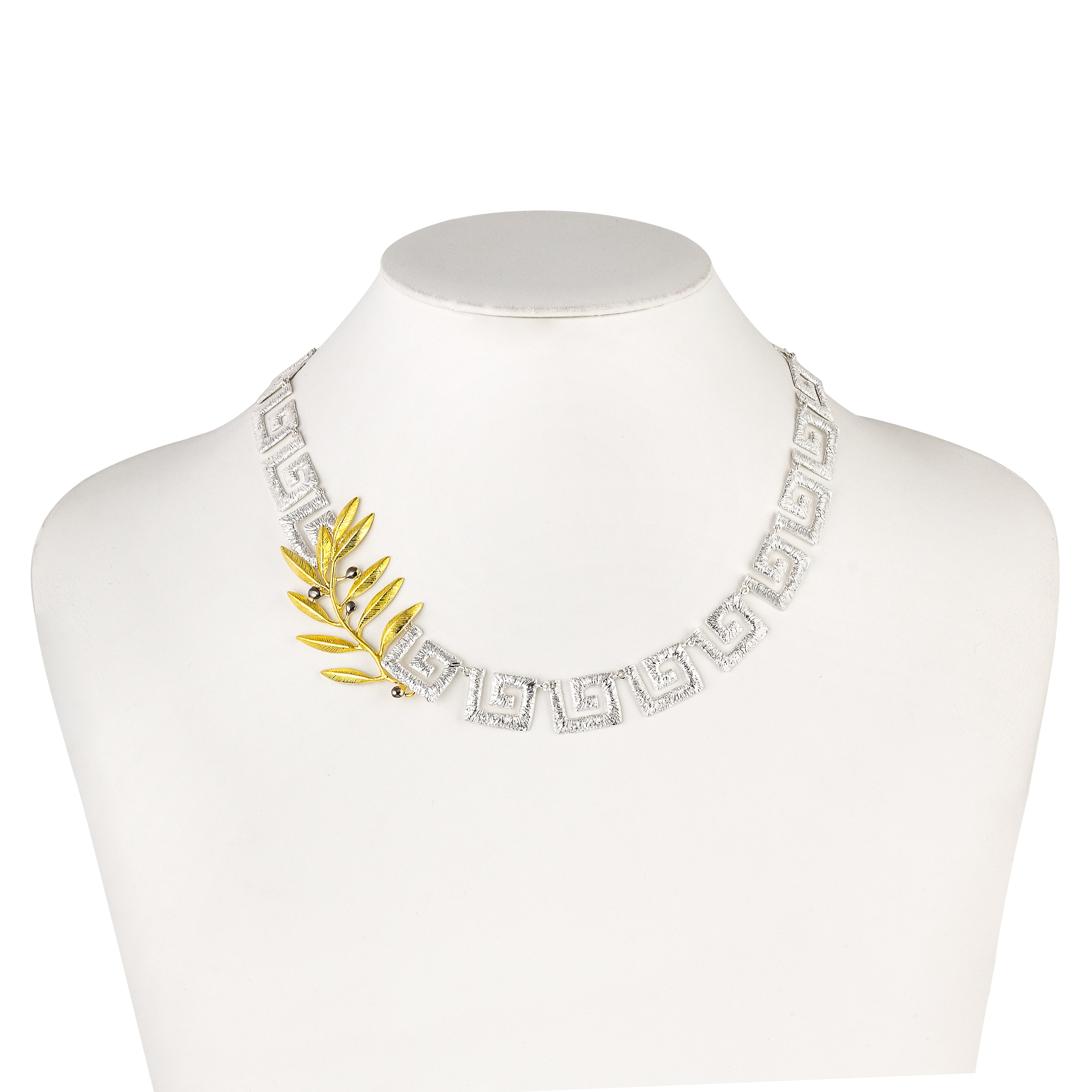 925 STERLING SILVER NECKLACE WITH GREEK KEY DESIGN, GOLD-PLATED OLIVE, AND BLACK PLATINUM DETAILS