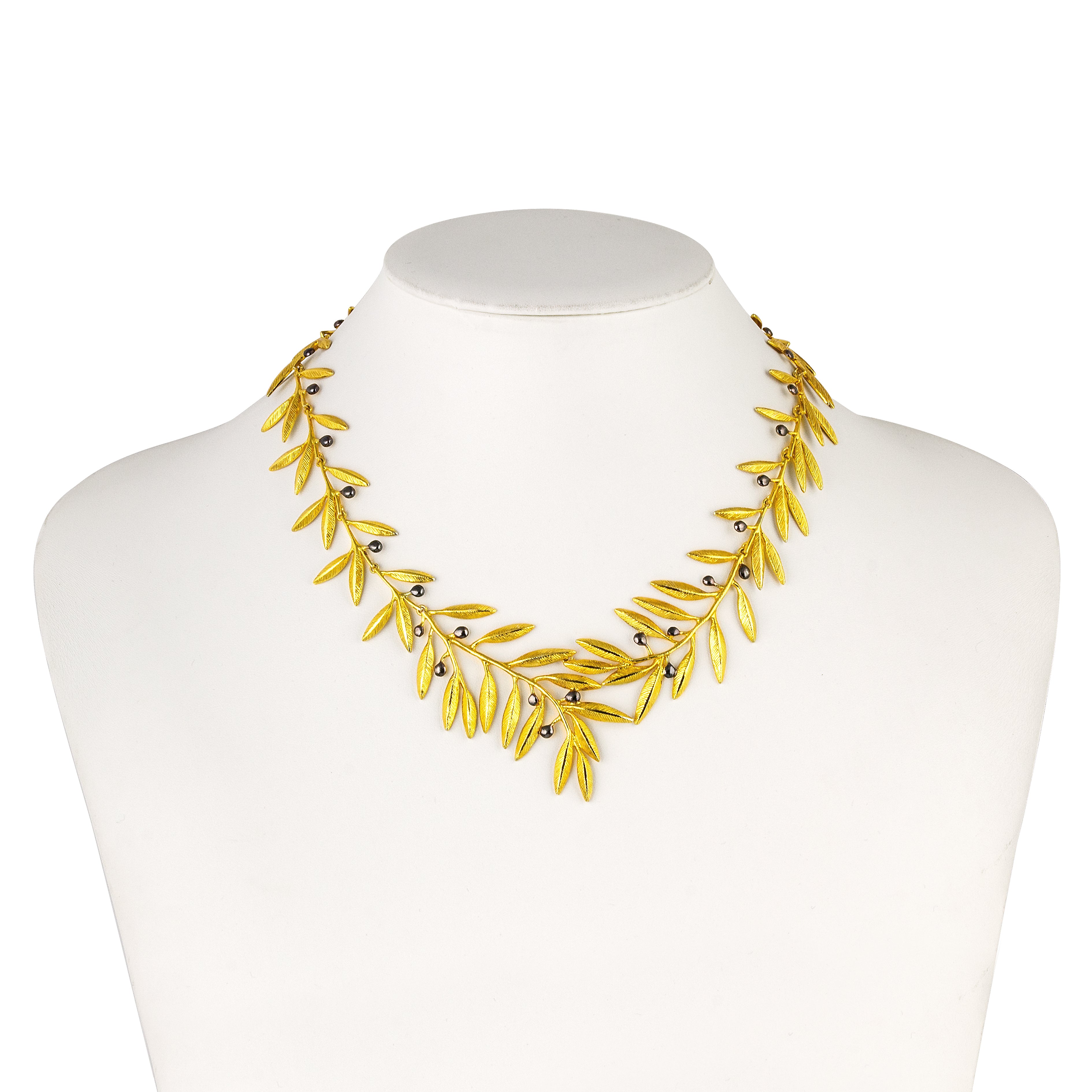 NECKLACE SILVER 925° GOLD PLATED OLIVE DESIGN LARGE WITH BLACK PLATING DETAILS