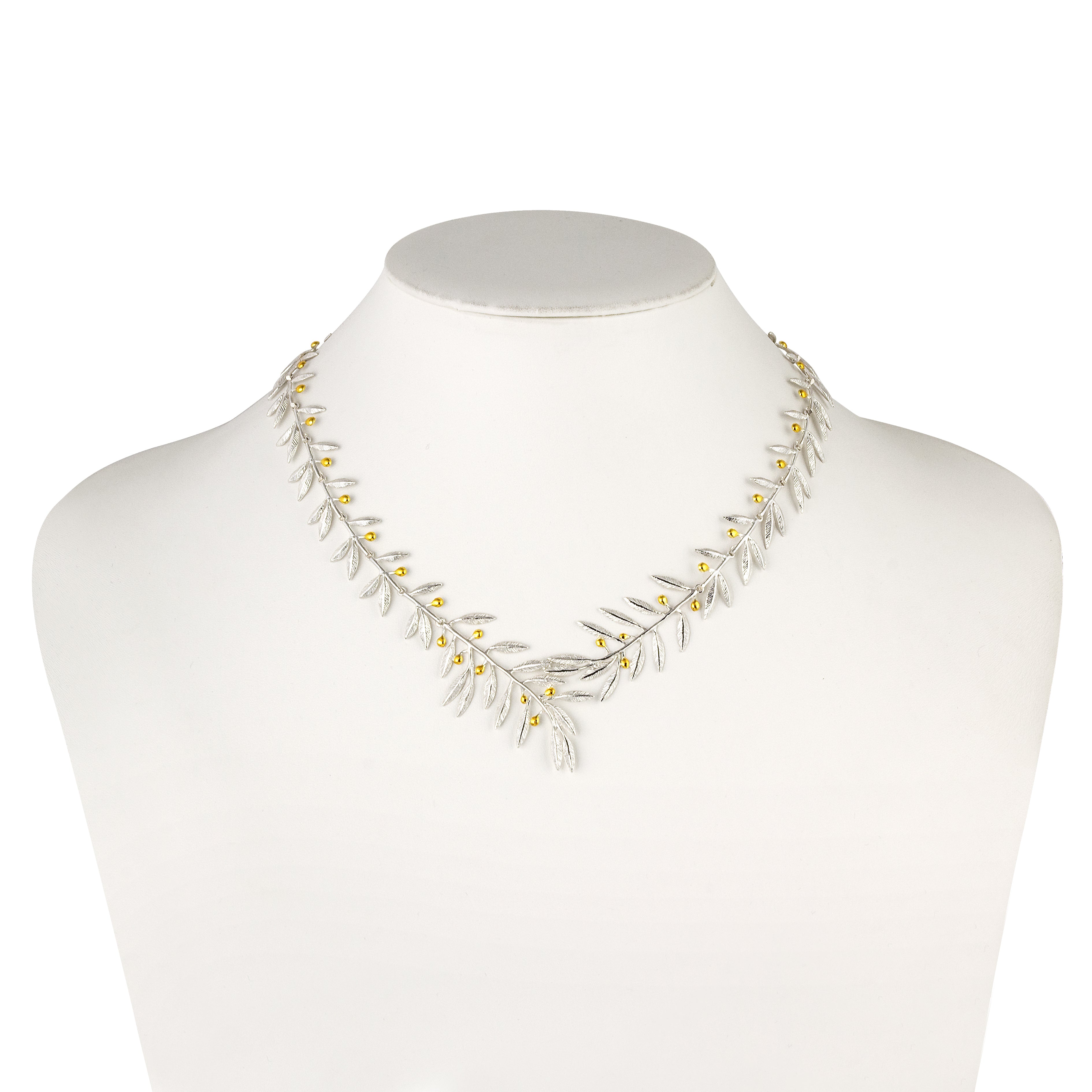 SILVER 925° NECKLACE, SMALL OLIVE DESIGN WITH GOLD-PLATED DETAILS