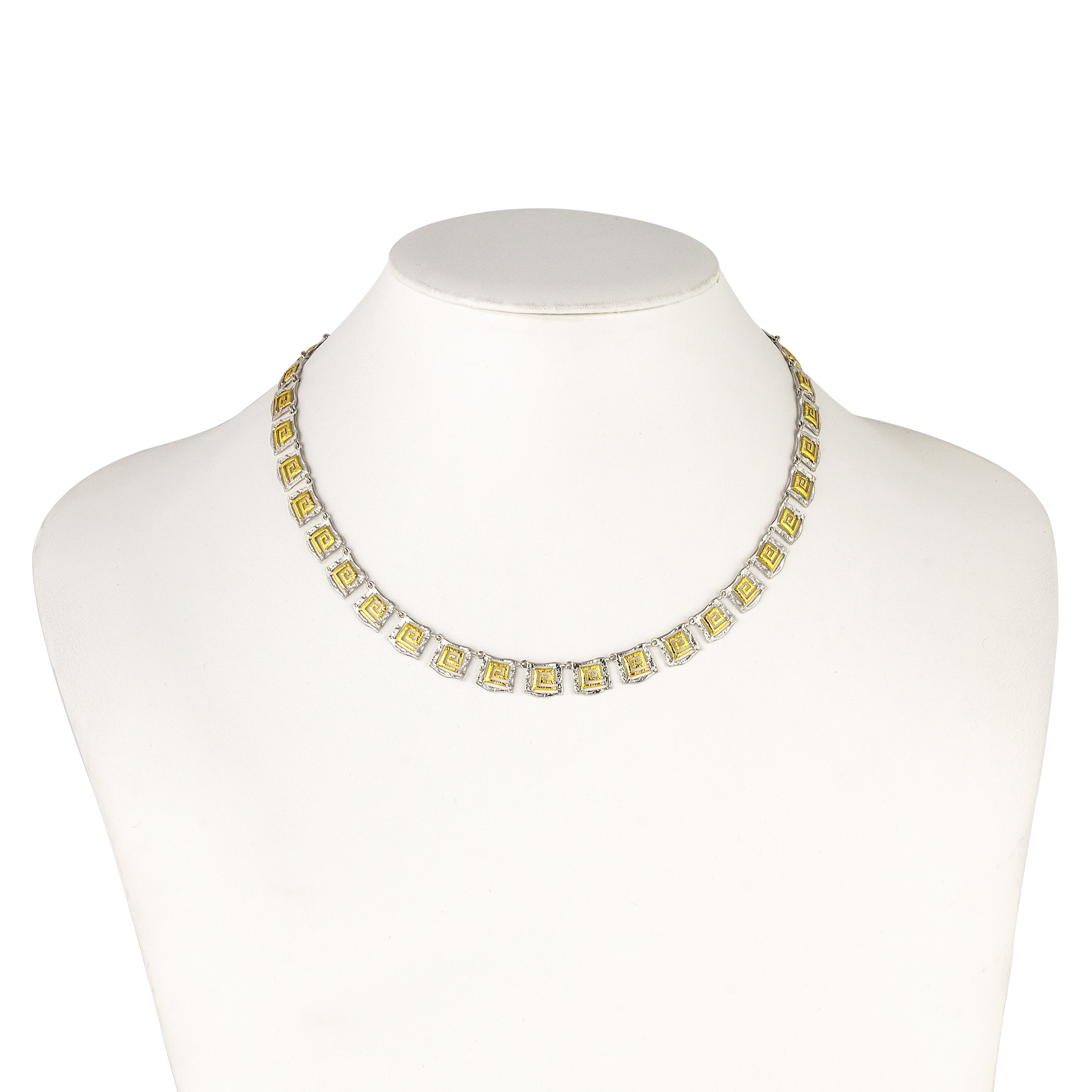 STERLING SILVER 925° NECKLACE GRECA DESIGN WITH GOLD PLATED DETAILS