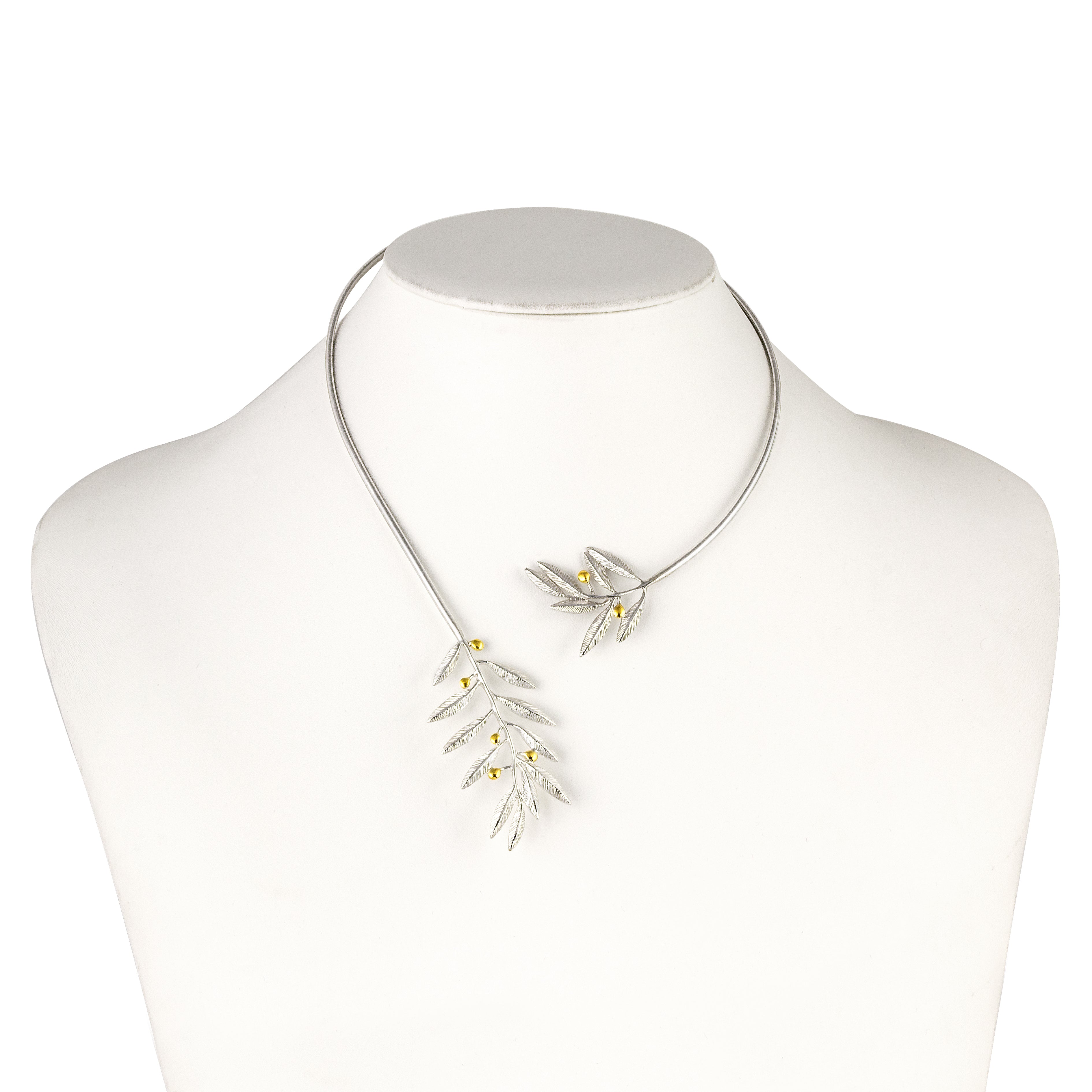 OPEN NECKLACE SILVER 925° LARGE OLIVE DESIGN WITH GOLD-PLATED DETAILS