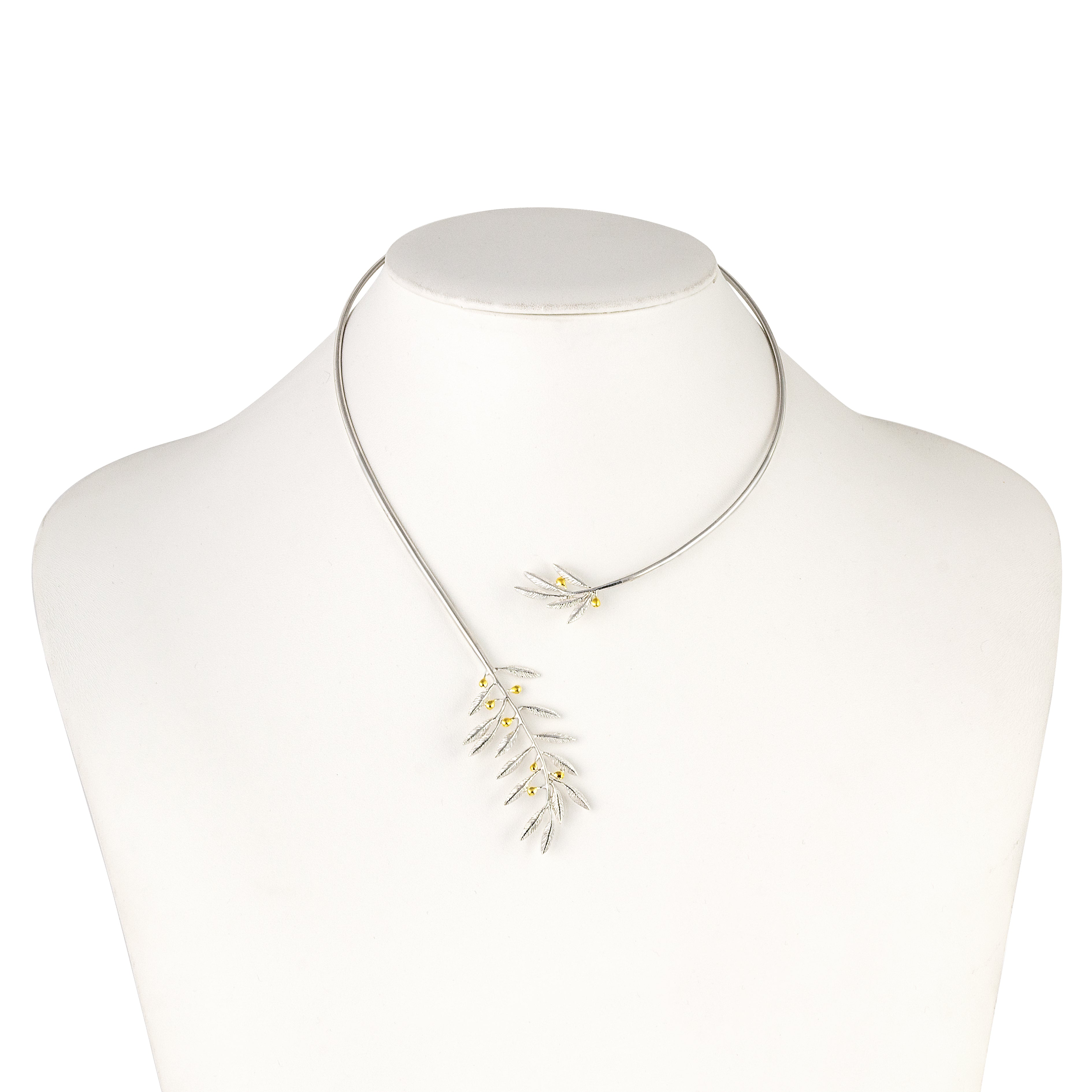 OPEN NECKLACE 925° SILVER SMALL OLIVE DESIGN WITH GOLD-PLATED DETAILS