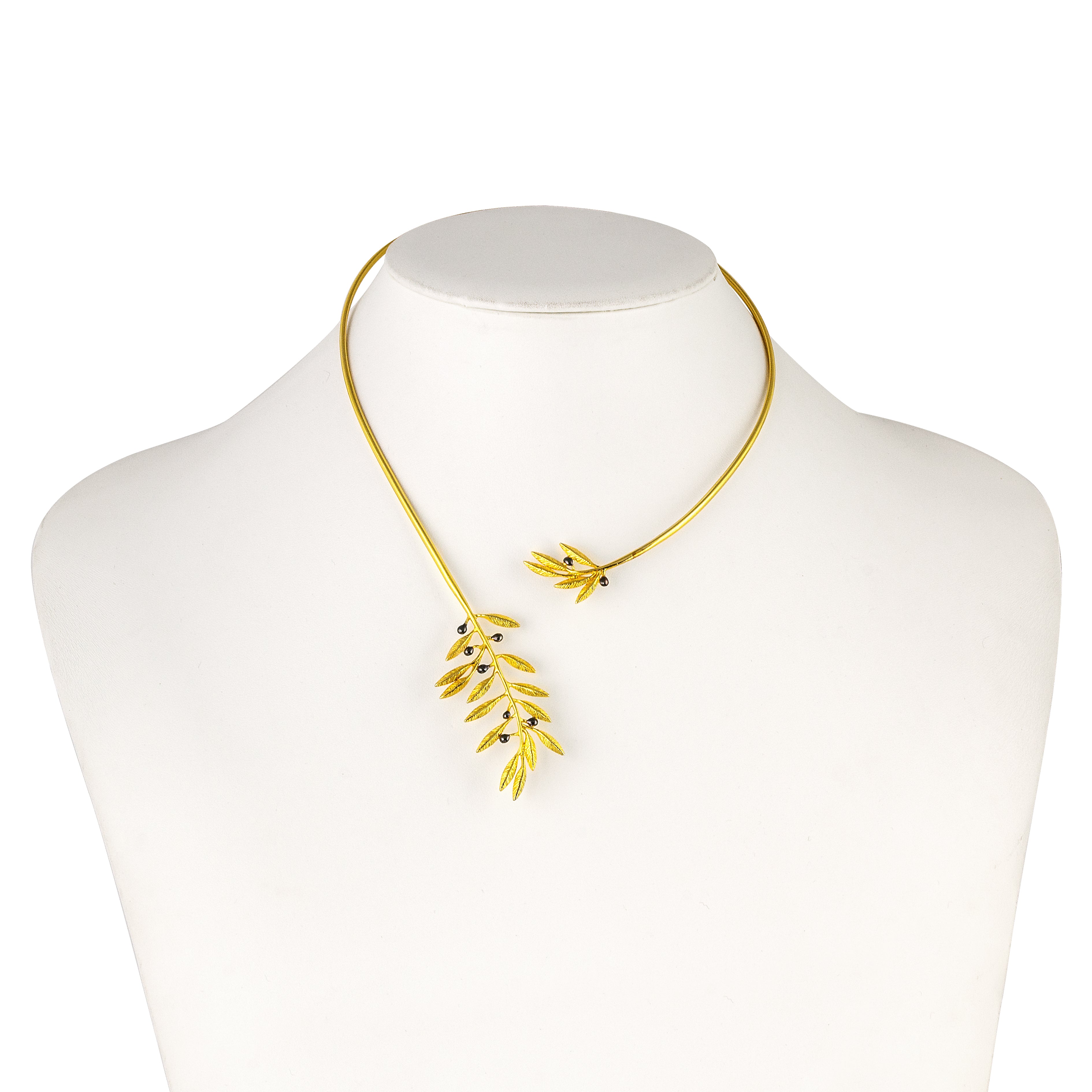 OPEN NECKLACE GOLD PLATED SILVER 925° OLIVE DESIGN SMALL WITH BLACK PLATINUM DETAILS