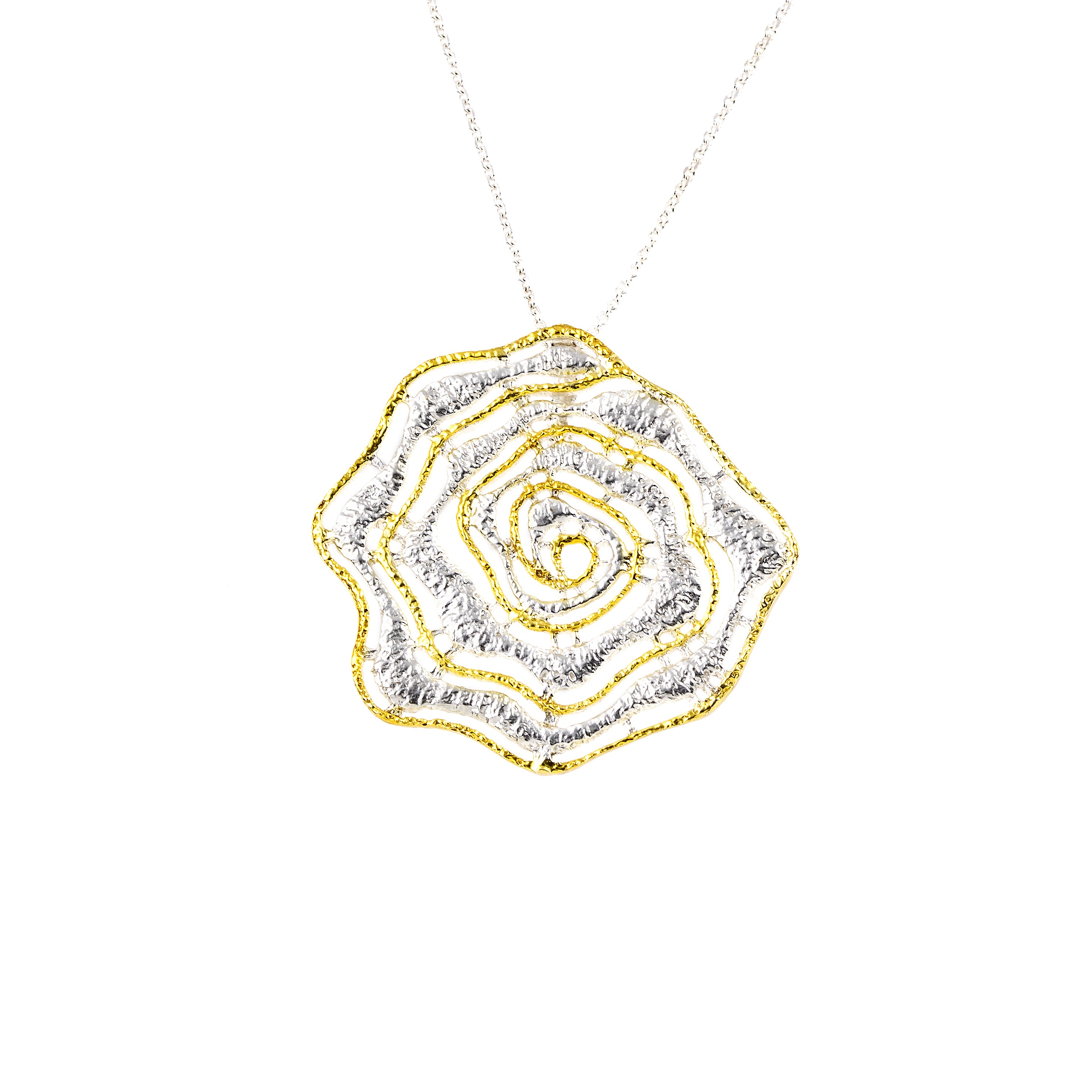 SILVER 925° PENDANT FLOWER SPIRAL DESIGN WITH GOLD PLATED DETAILS