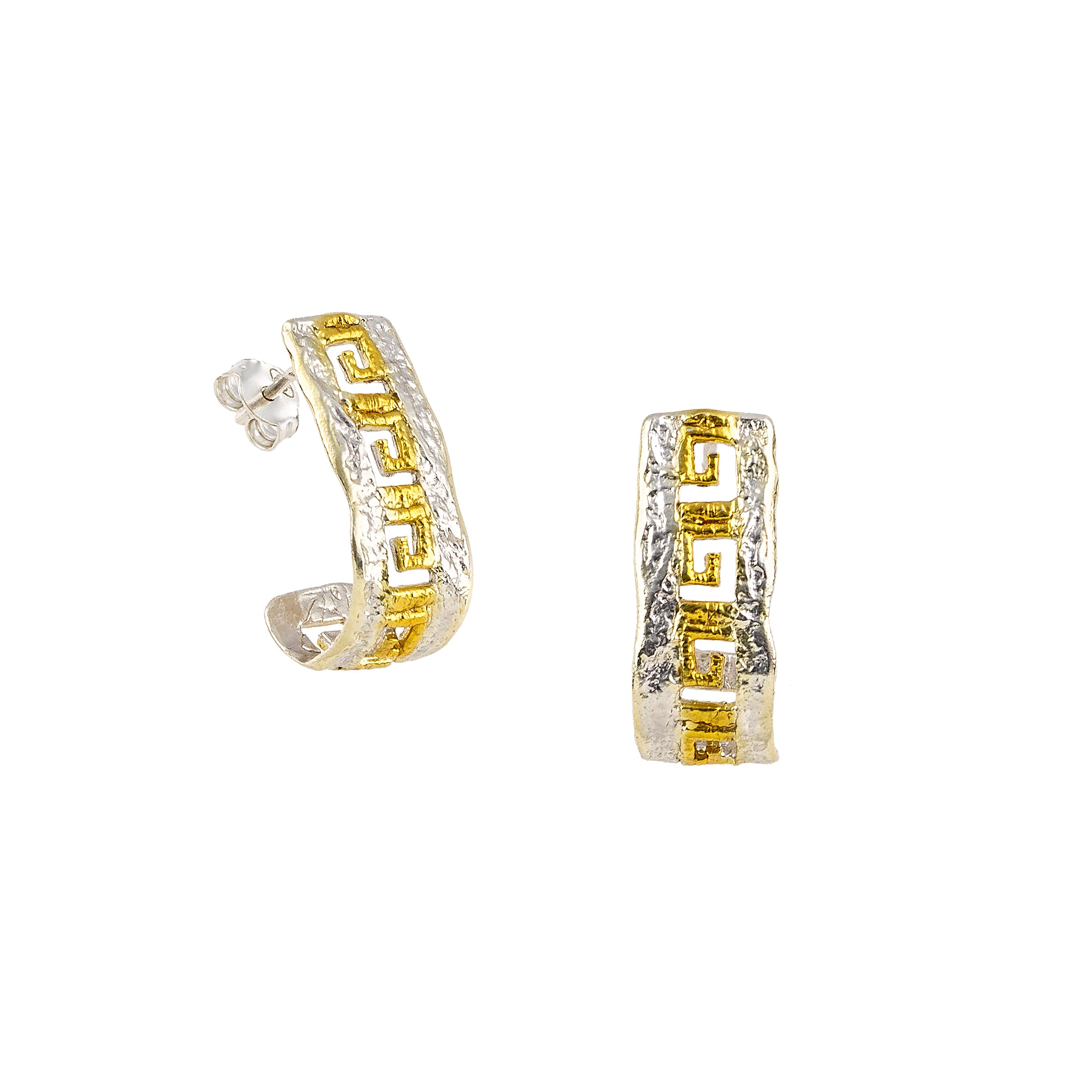 925° SILVER EARRINGS WITH GREEK KEY DESIGN AND GOLD-PLATED DETAILS