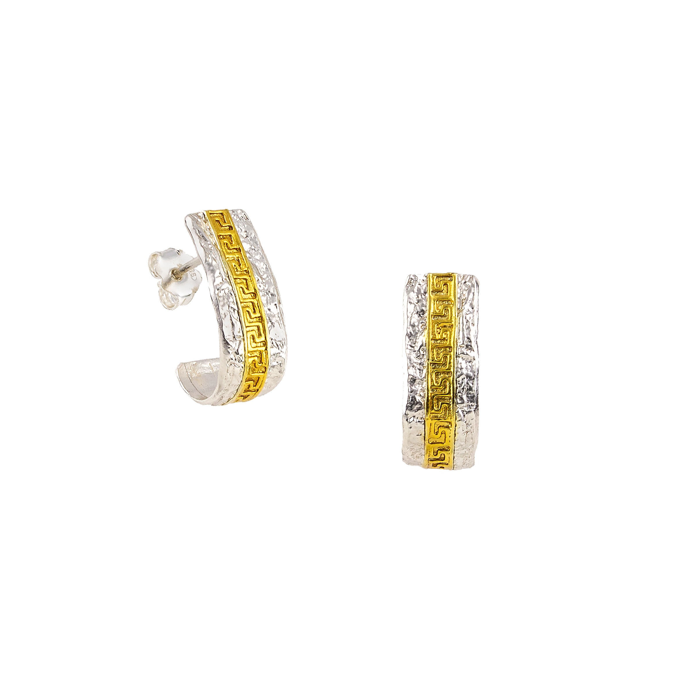 EARRINGS STERLING SILVER 925° WITH MEANDER DESIGN AND GOLD PLATED DETAILS
