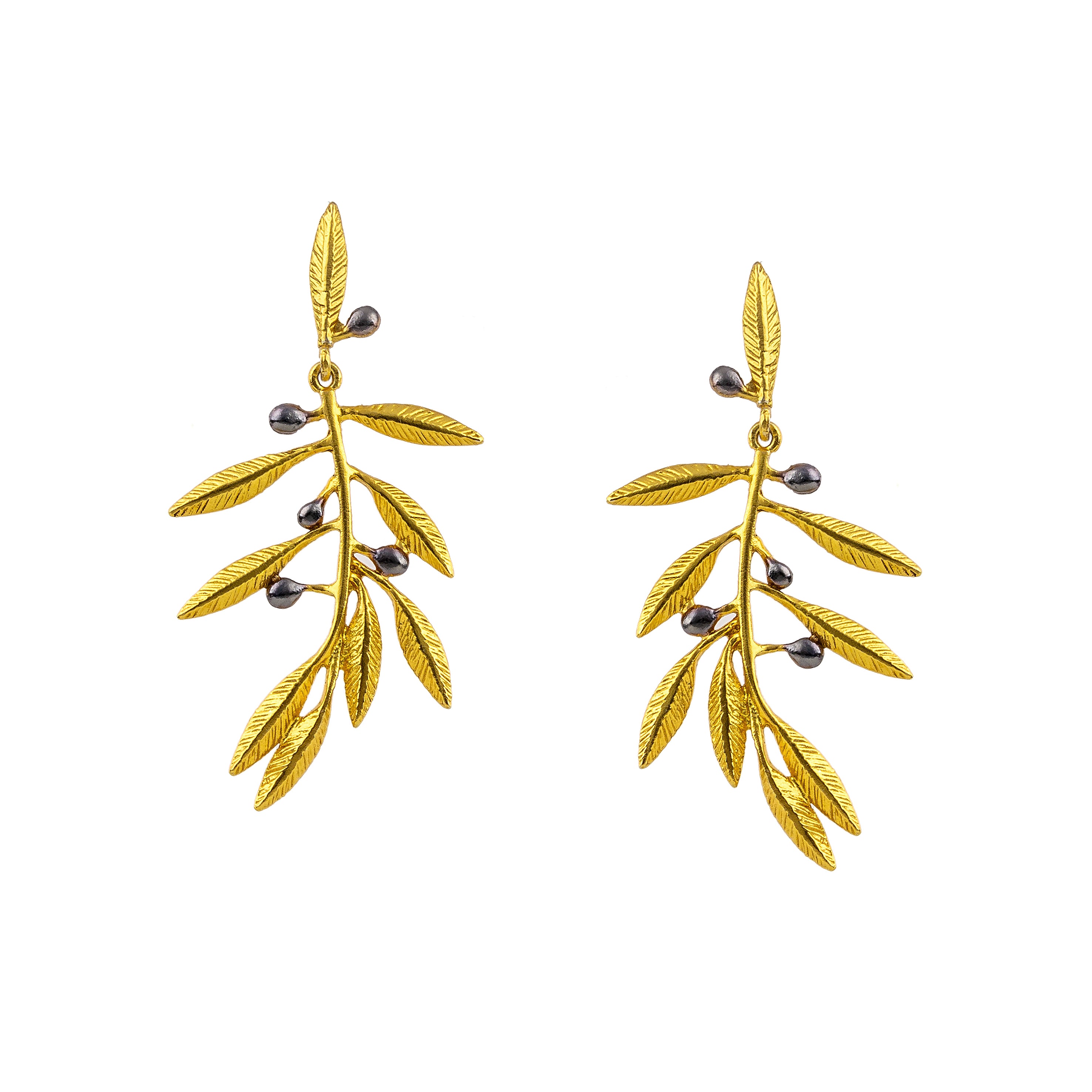 EARRINGS SILVER 925° GOLD PLATED OLIVE DESIGN WITH BLACK PLATED DETAILS