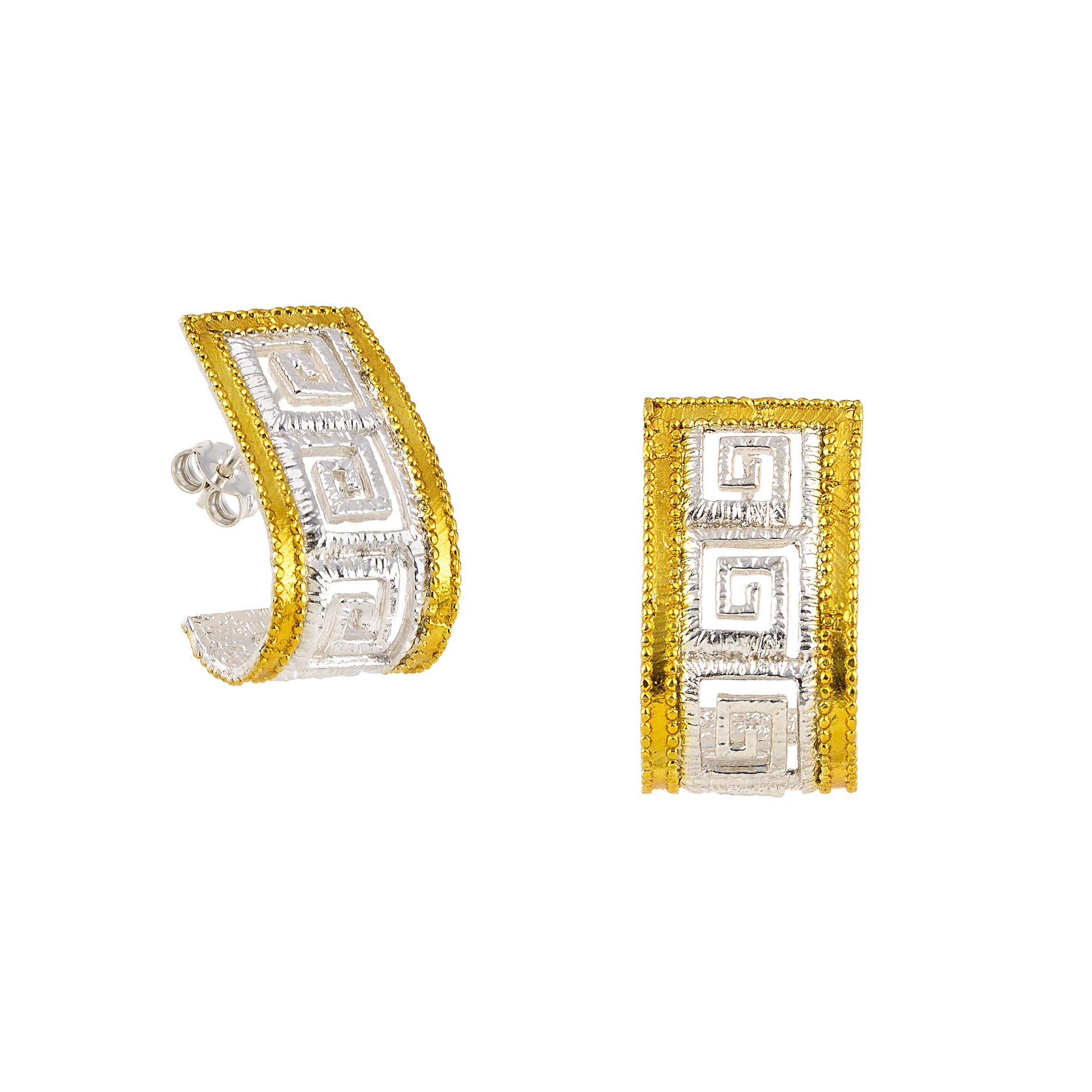 EARRINGS STERLING SILVER 925° GREEK KEY DESIGN WITH GOLD PLATED DETAILS