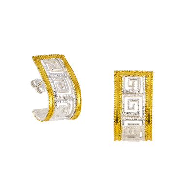 EARRINGS STERLING SILVER 925° GREEK KEY DESIGN WITH GOLD PLATED DETAILS