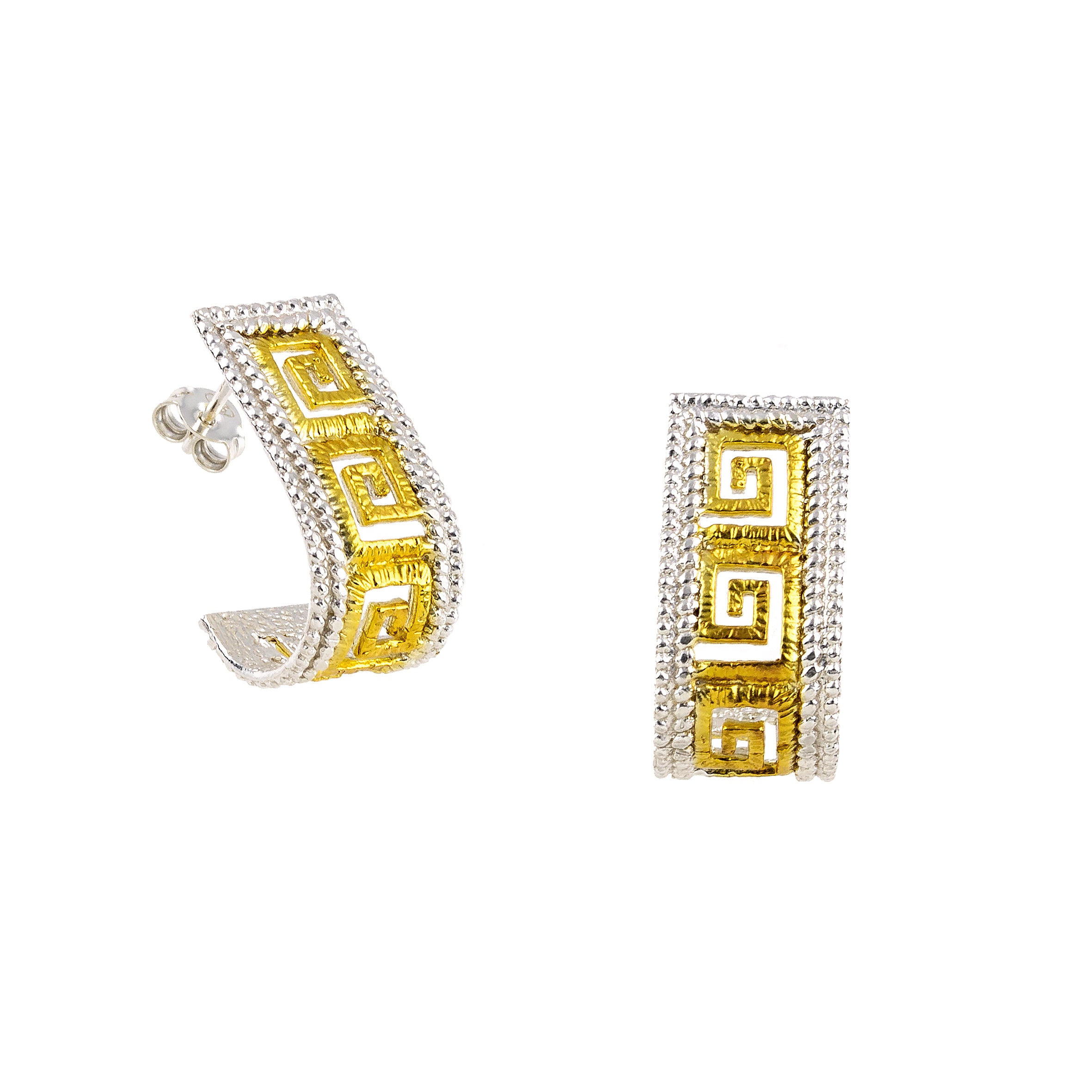 EARRINGS STERLING SILVER 925° GREEK KEY DESIGN WITH GOLD PLATED DETAILS