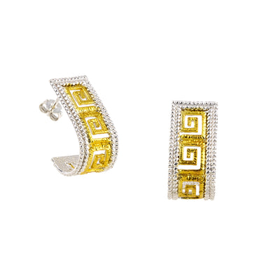 EARRINGS STERLING SILVER 925° GREEK KEY DESIGN WITH GOLD PLATED DETAILS