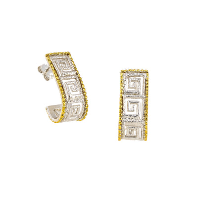 EARRINGS STERLING SILVER 925° GREEK KEY DESIGN WITH GOLD PLATED DETAILS