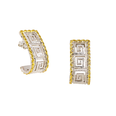 EARRINGS STERLING SILVER 925° GREEK KEY DESIGN WITH GOLD PLATED DETAILS