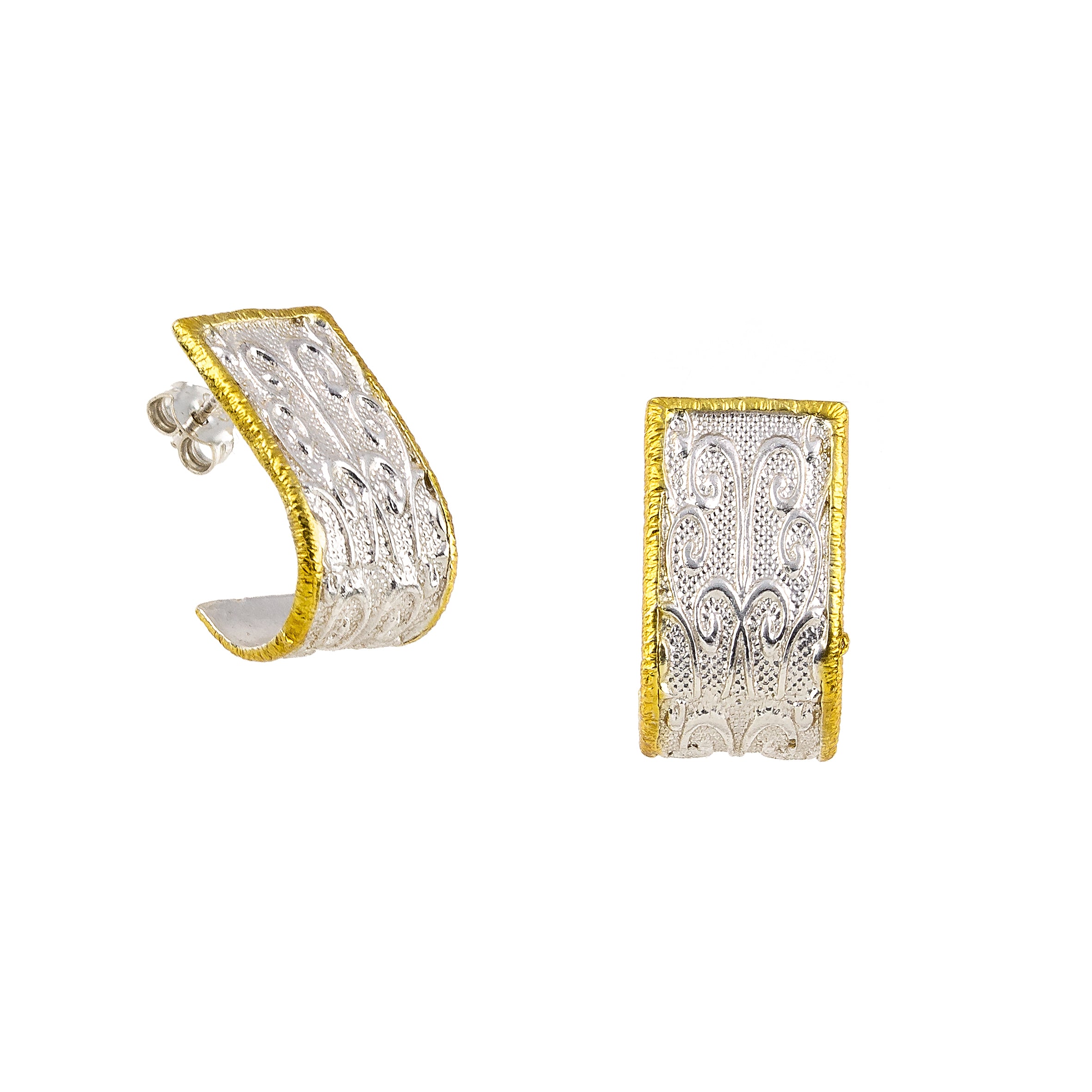 925° SILVER EARRINGS WITH EMBOSSED DESIGNS AND GOLD-PLATED DETAILS