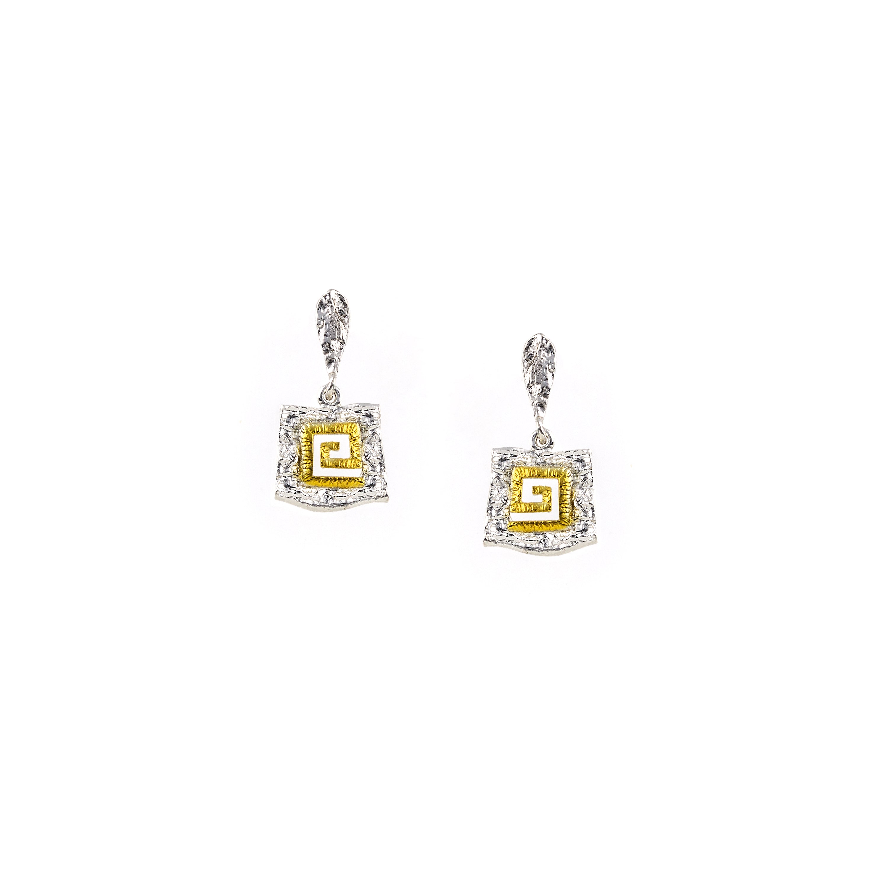EARRINGS STERLING SILVER 925° GREEK KEY DESIGN WITH GOLD PLATED DETAILS