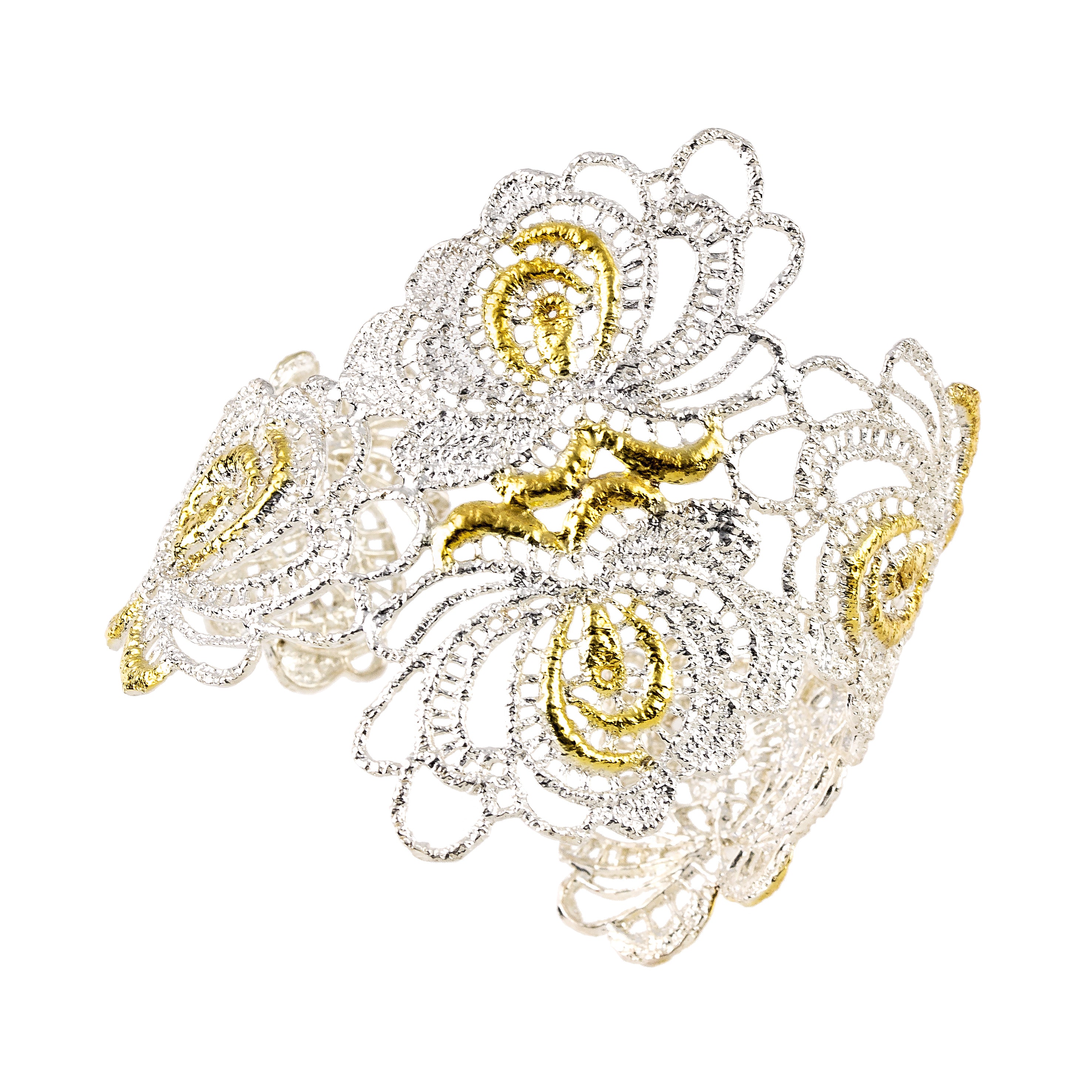 BRACELET HANDCUFF 925° SILVER WITH ROSE DESIGN AND GOLD PLATED DETAILS
