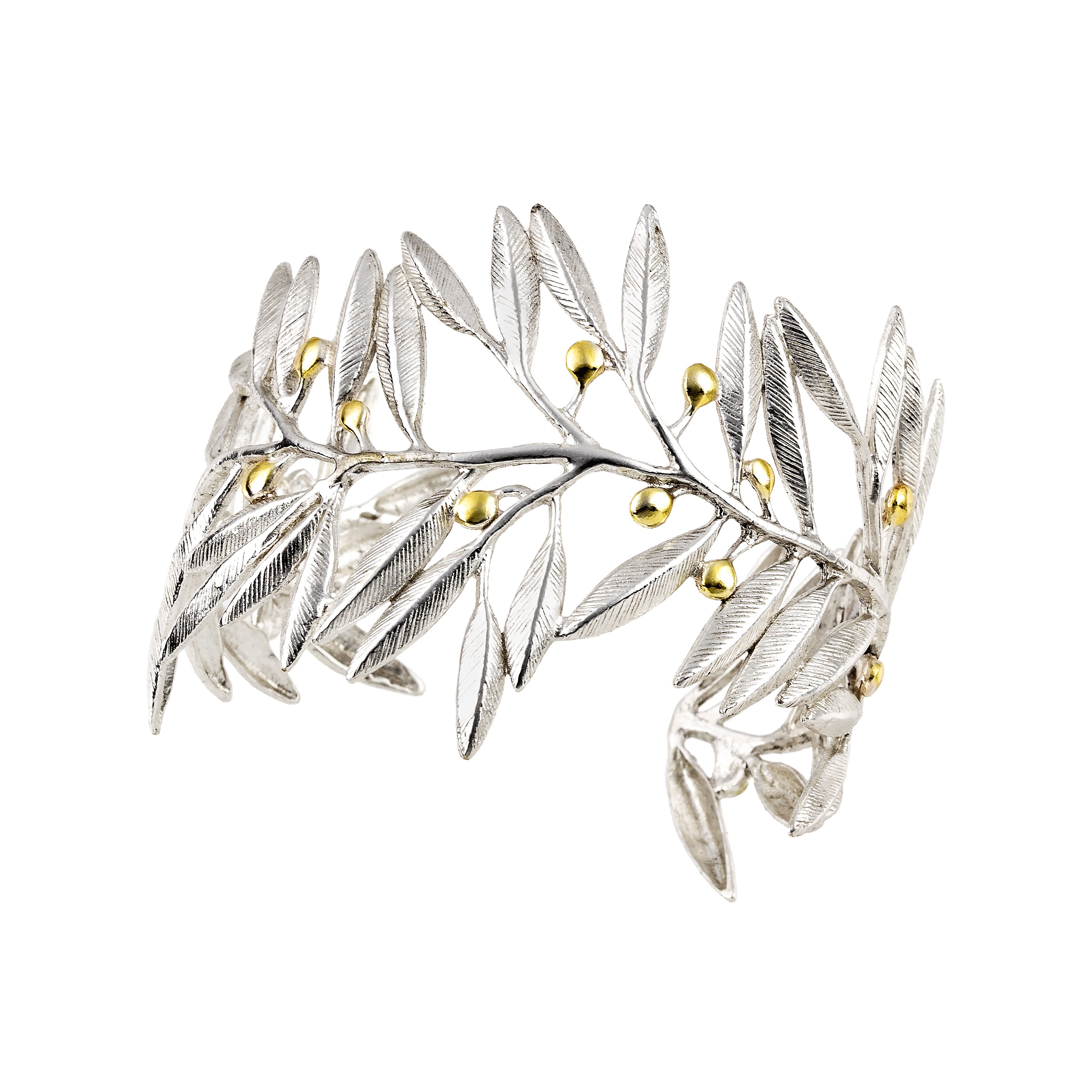 925° SILVER CUFF BRACELET WITH OLIVE TREE DESIGN AND GOLD-PLATED DETAILS