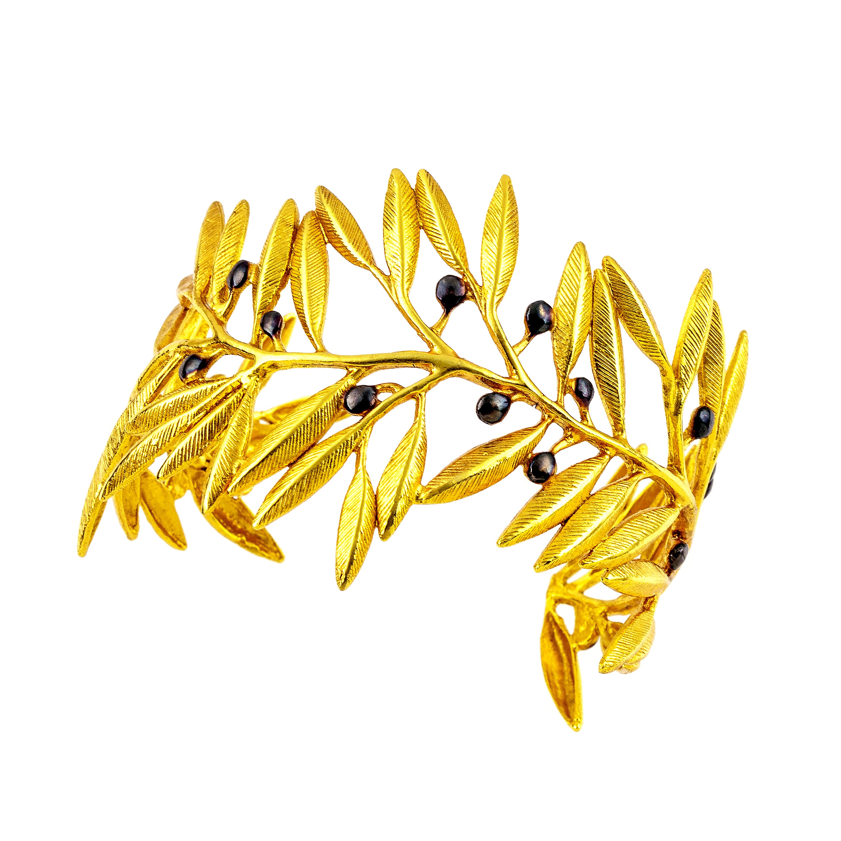 925° SILVER GOLD-PLATED CUFF BRACELET, OLIVE DESIGN WITH BLACK PLATINUM DETAILS
