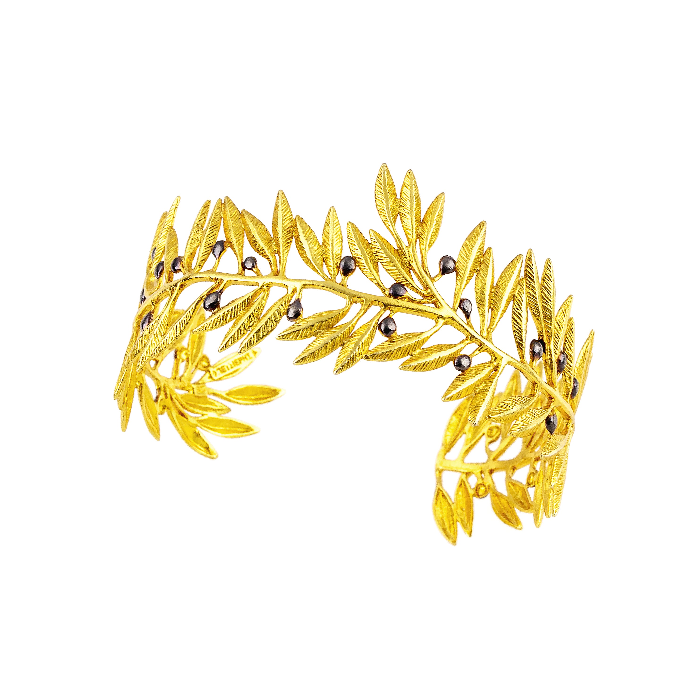 925° SILVER GOLD-PLATED CUFF BRACELET, OLIVE DESIGN WITH BLACK PLATINUM DETAILS