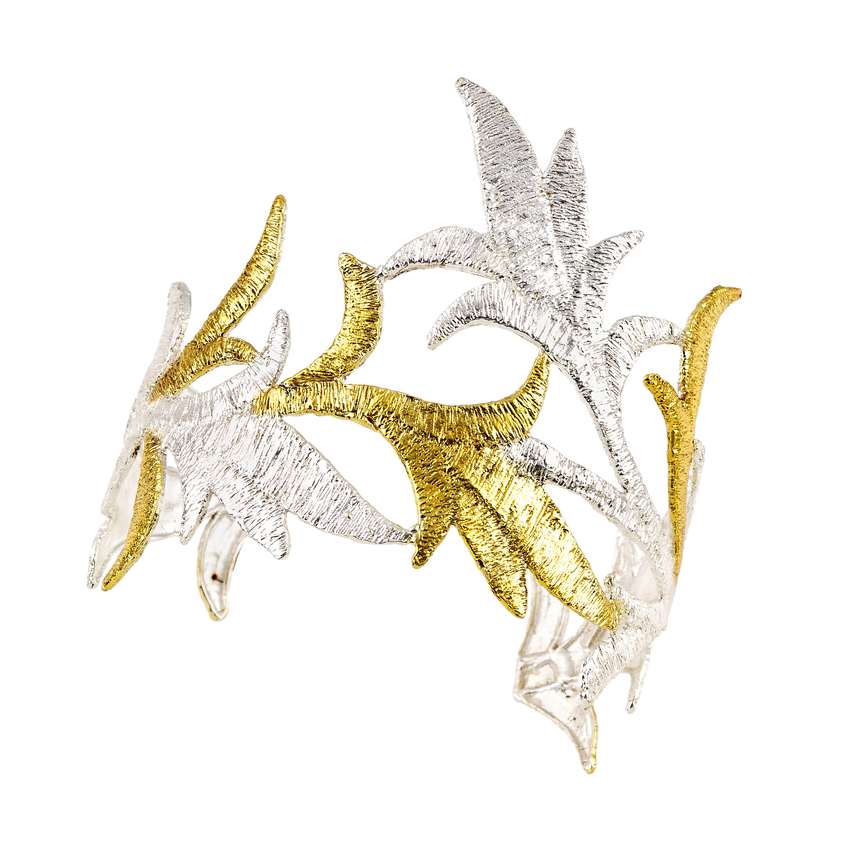 BRACELET HANDCUFFS SILVER 925° FLORAL DESIGN WITH GOLD-PLATED DETAILS