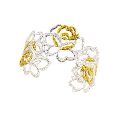 BRACELET HANDCUFF 925° SILVER ROSES DESIGN WITH GOLD PLATED DETAILS
