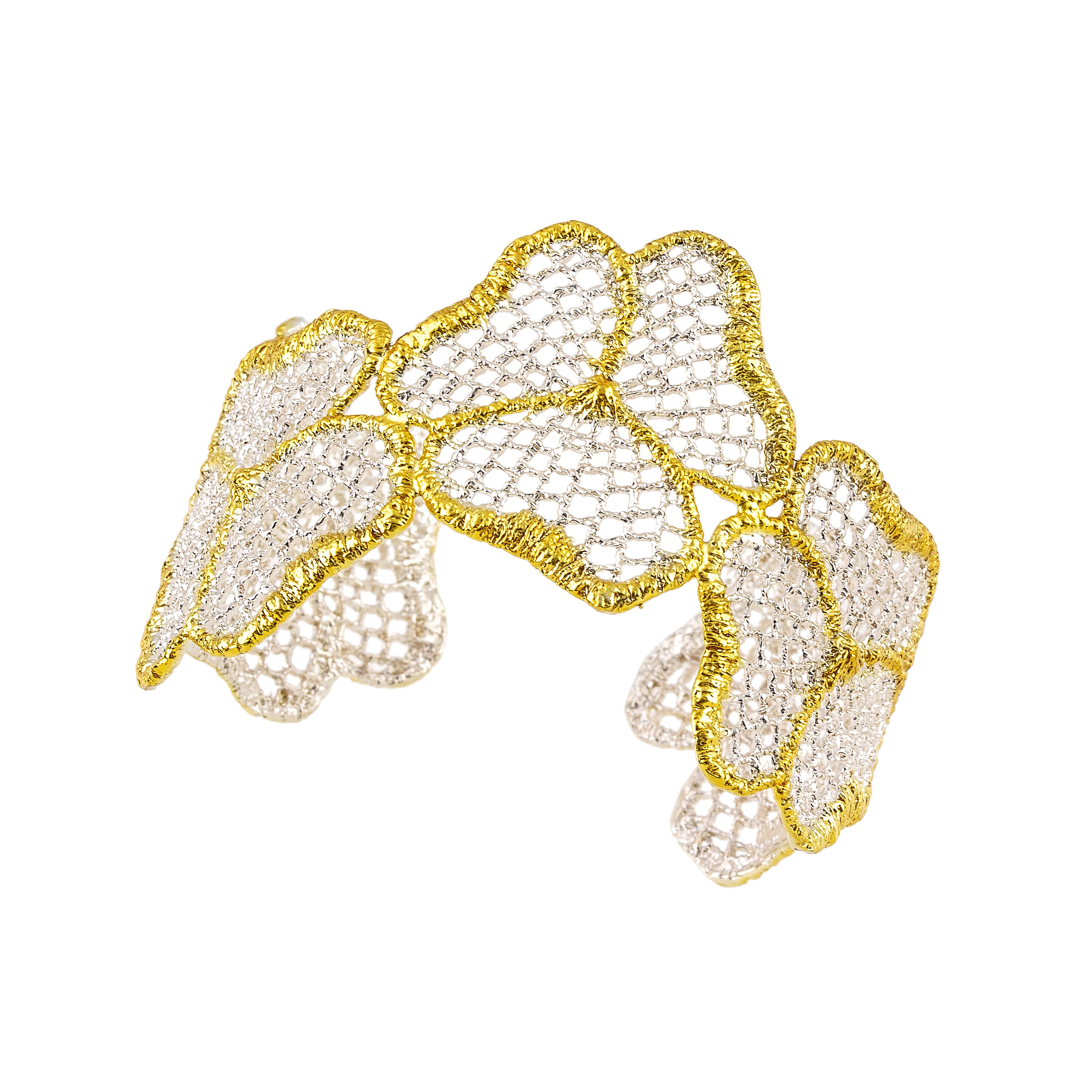 BRACELET HANDCUFFS SILVER 925° FLORAL DESIGN WITH GOLD-PLATED DETAILS