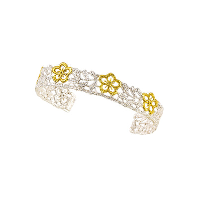 HANDCUFF BANGLE IN 925° SILVER WITH FLOWER DESIGN AND GOLD-PLATED DETAILS