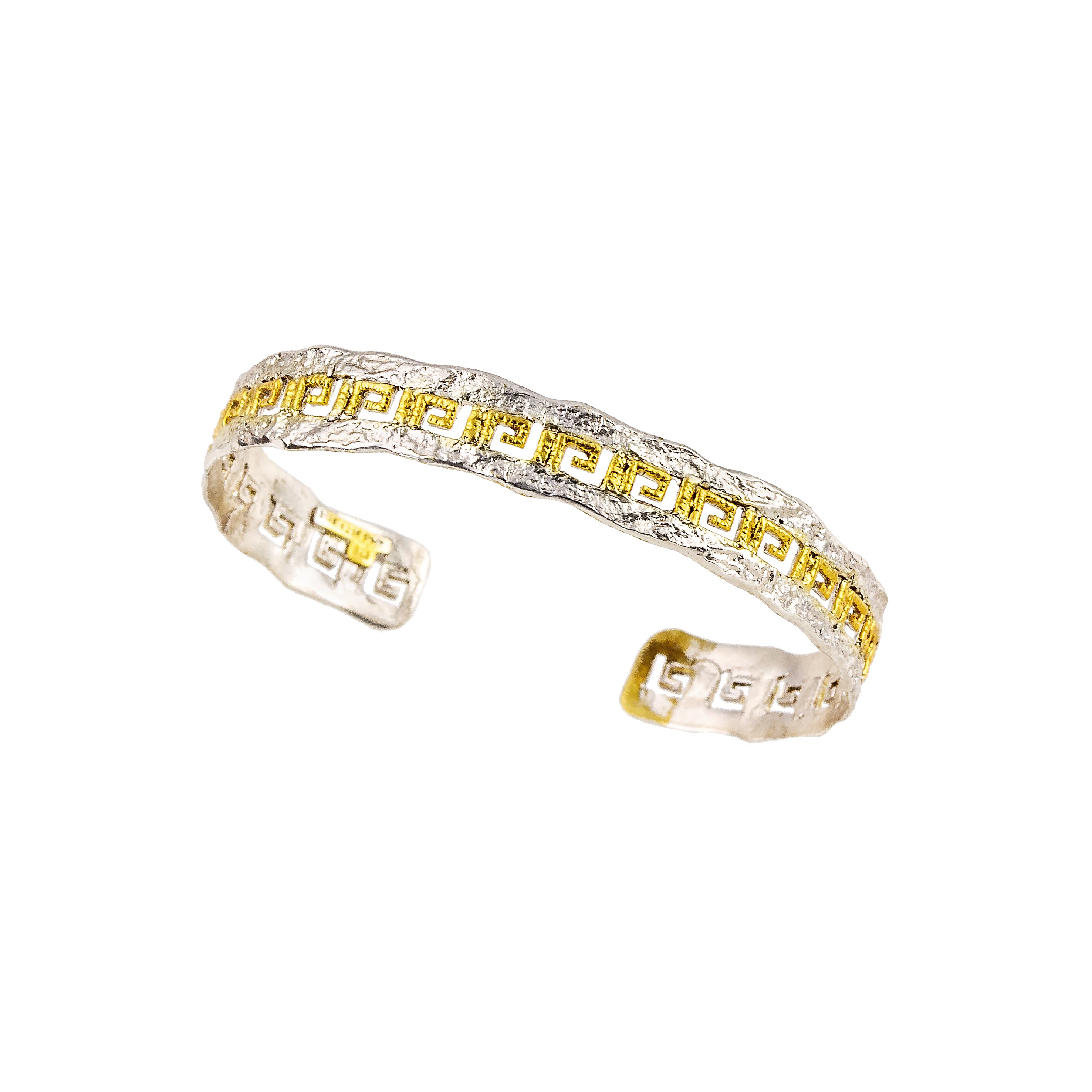 925° STERLING SILVER CUFF BRACELET WITH GRECA DESIGN AND GOLD PLATED DETAILS