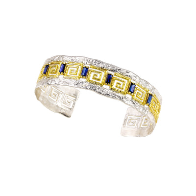 CUFF BRACELET, STERLING SILVER 925°, GRECA DESIGN WITH ZIRCONS AND GOLD-PLATED DETAILS