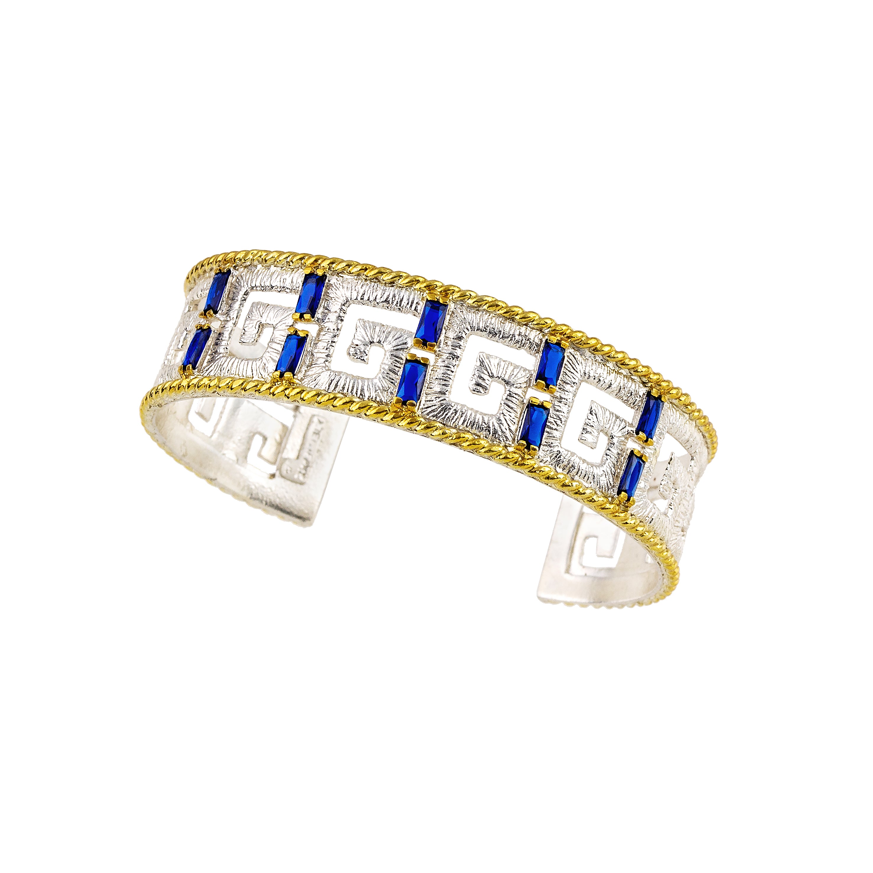 CUFF BRACELET, STERLING SILVER 925°, GRECA DESIGN WITH ZIRCONS AND GOLD-PLATED DETAILS