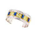 CUFF BRACELET, STERLING SILVER 925°, GRECA DESIGN WITH ZIRCONS AND GOLD-PLATED DETAILS