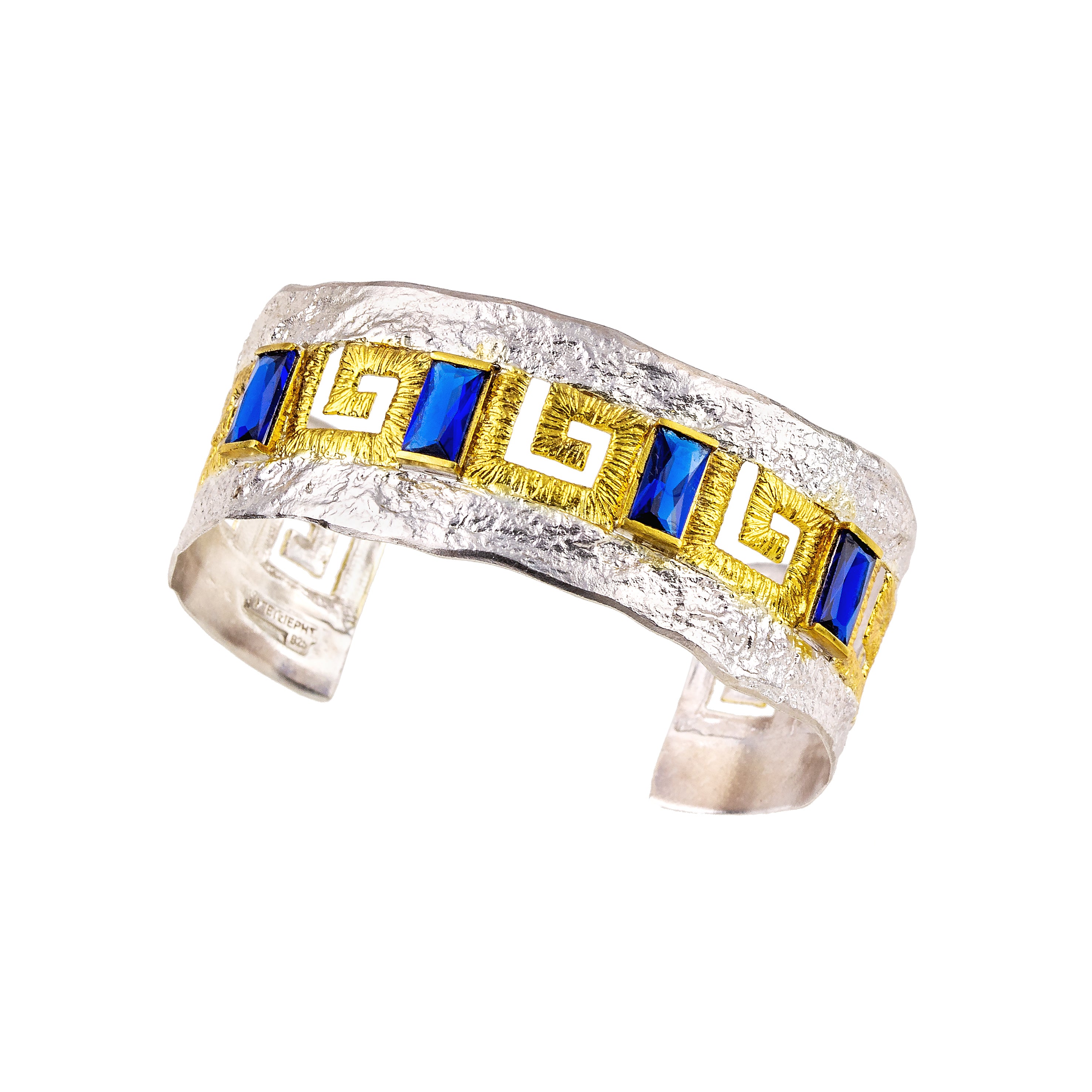 CUFF BRACELET, STERLING SILVER 925°, GRECA DESIGN WITH ZIRCONS AND GOLD-PLATED DETAILS