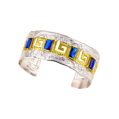 CUFF BRACELET, STERLING SILVER 925°, GRECA DESIGN WITH ZIRCONS AND GOLD-PLATED DETAILS