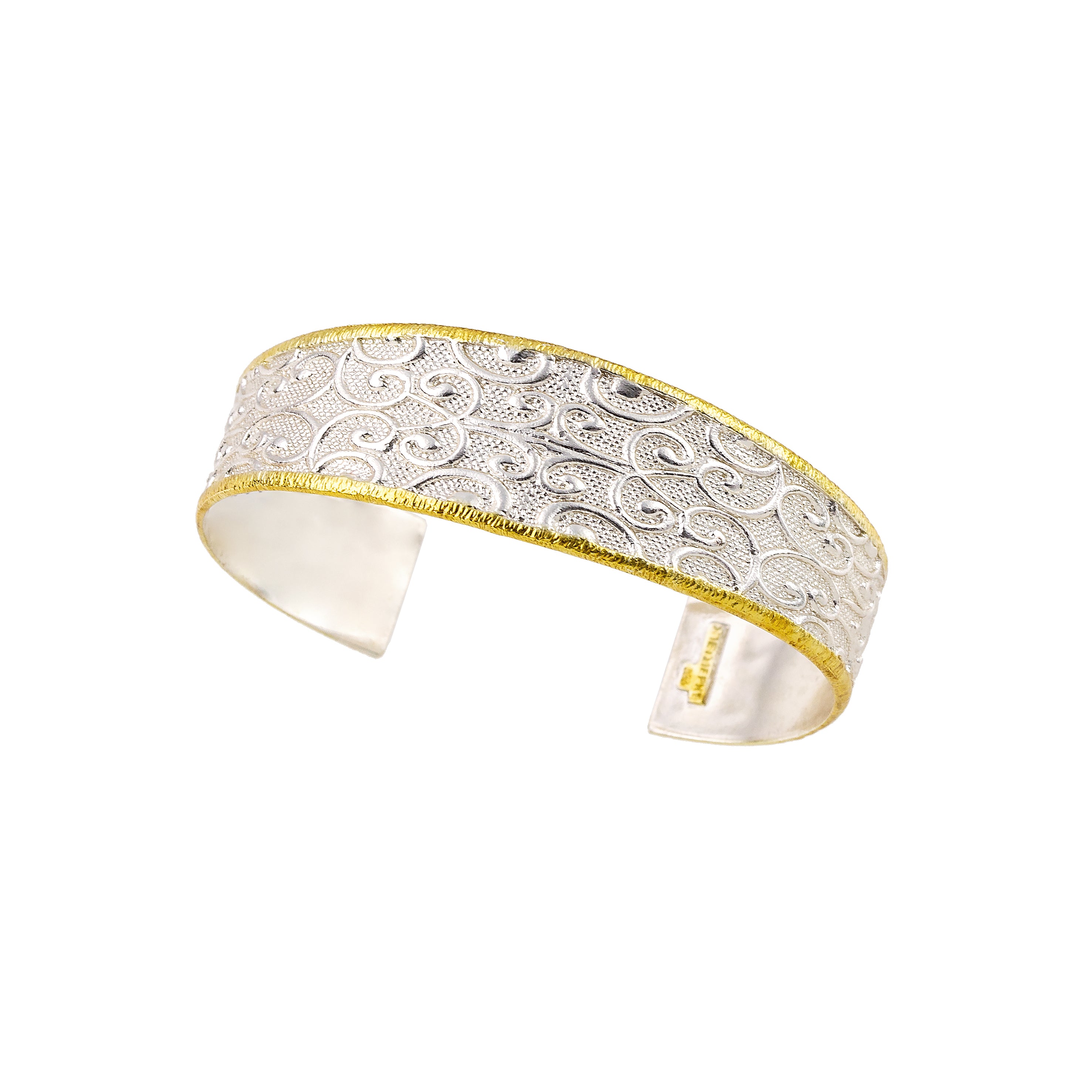 BRACELET HANDCUFF 925° SILVER WITH EMBOSSED DESIGNS AND GOLD-PLATED DETAILS