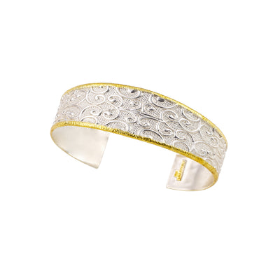 BRACELET HANDCUFF 925° SILVER WITH EMBOSSED DESIGNS AND GOLD-PLATED DETAILS