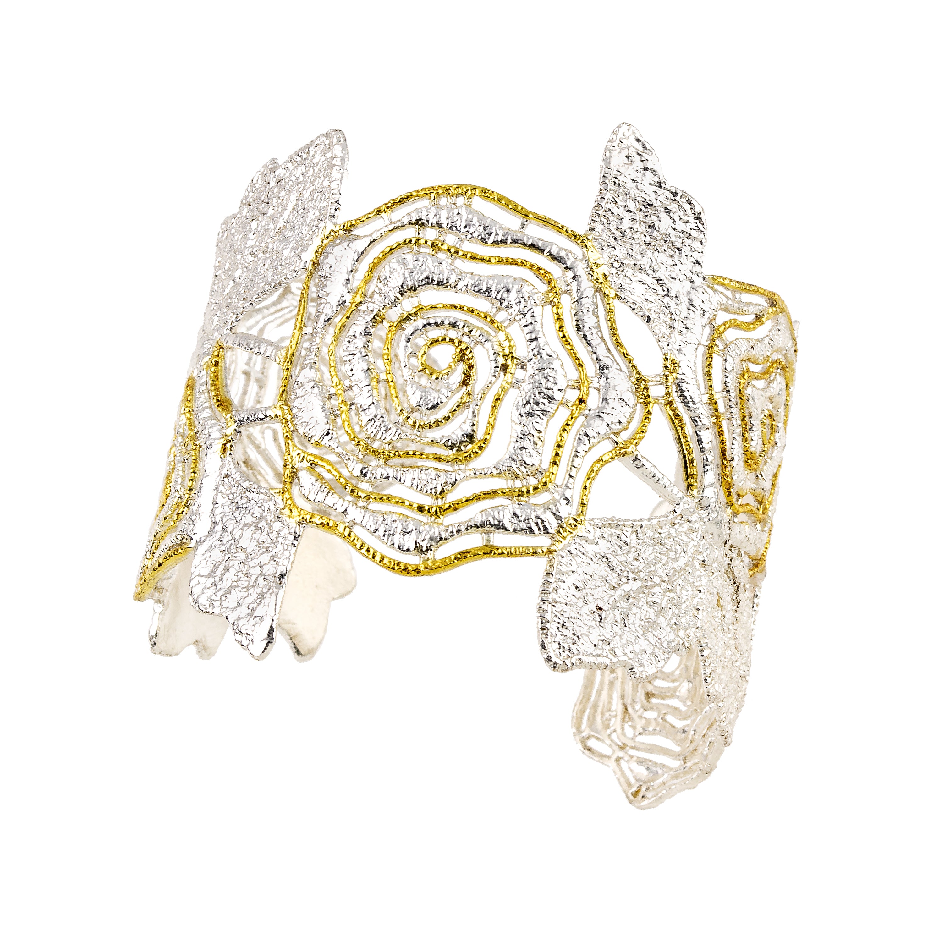 HANDCUFF BRACELET SILVER 925° SPIRAL FLOWER DESIGN WITH GOLD-PLATED DETAILS