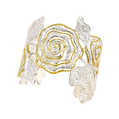HANDCUFF BRACELET SILVER 925° SPIRAL FLOWER DESIGN WITH GOLD-PLATED DETAILS