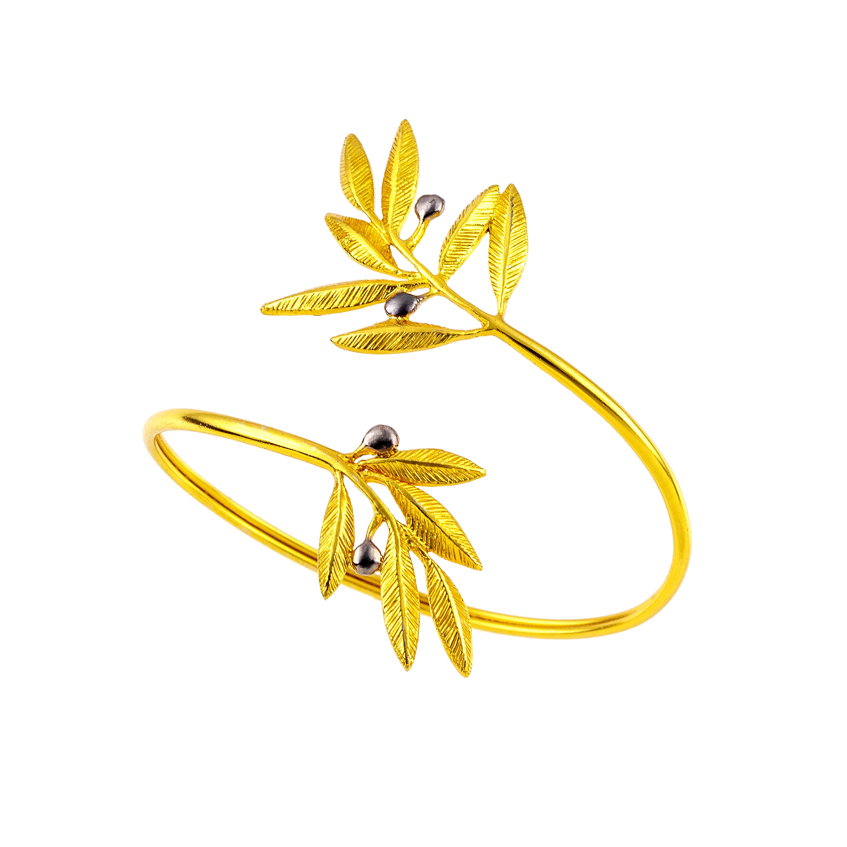 OPEN BRACELET SILVER 925° GOLD PLATED OLIVE DESIGN WITH BLACK PLATINUM DETAILS