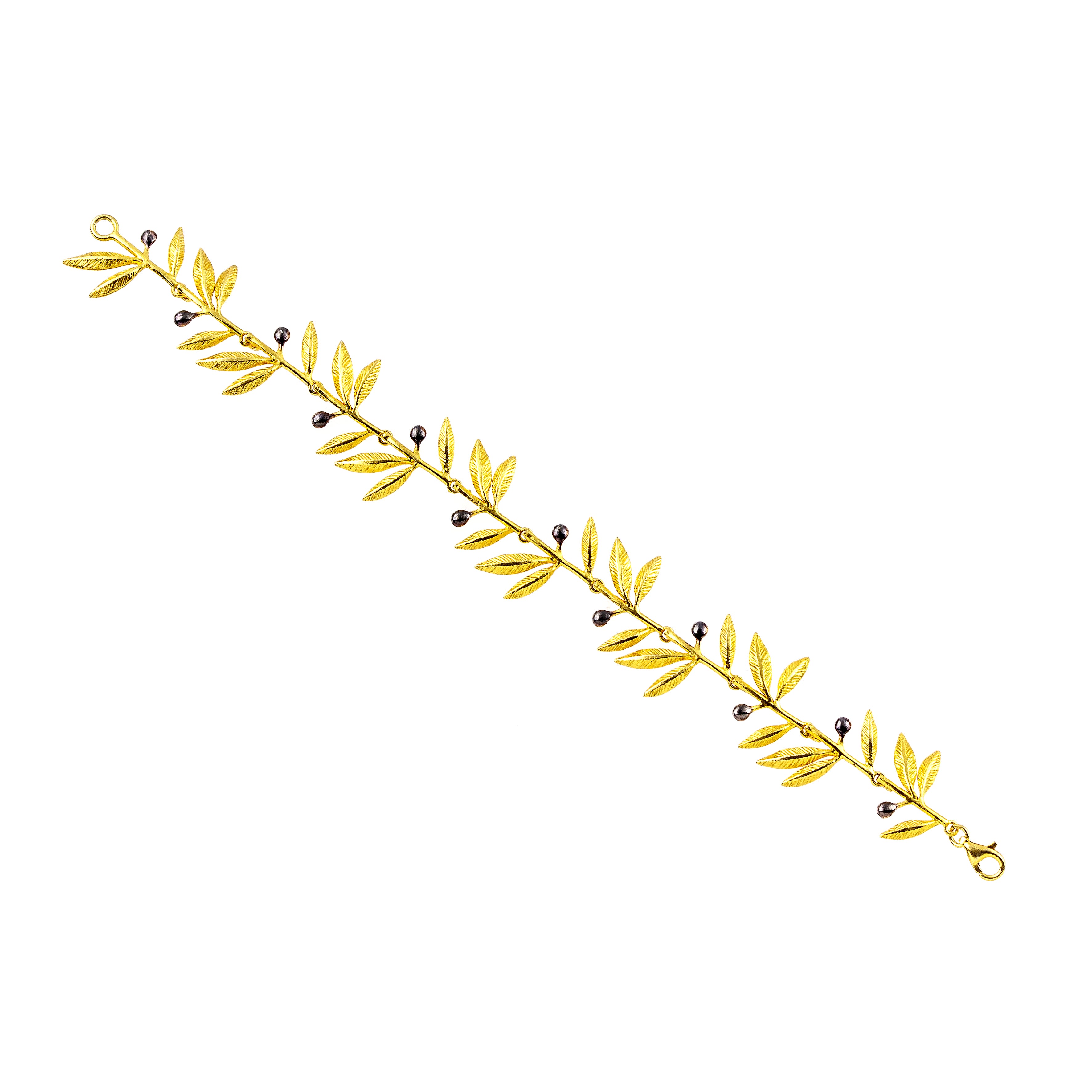 HINGED BRACELET SILVER 925° GOLD PLATED OLIVE DESIGN WITH DETAILS IN BLACK PLATINUM PLATING