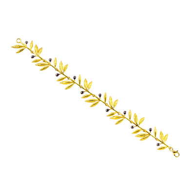 HINGED BRACELET SILVER 925° GOLD PLATED OLIVE DESIGN WITH DETAILS IN BLACK PLATINUM PLATING
